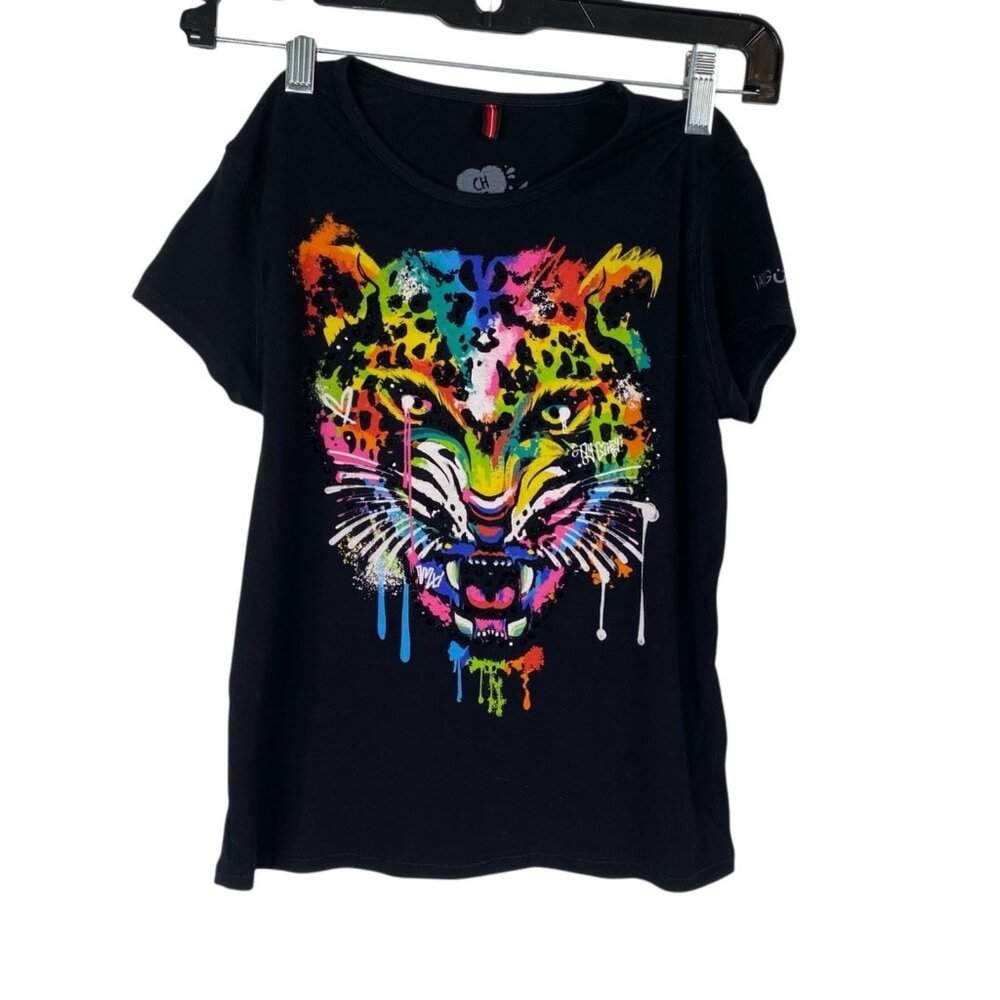 Ay Guey Women's Top Black Sz S Baby Tee Jaguar Graphic Rhinestones Colorful